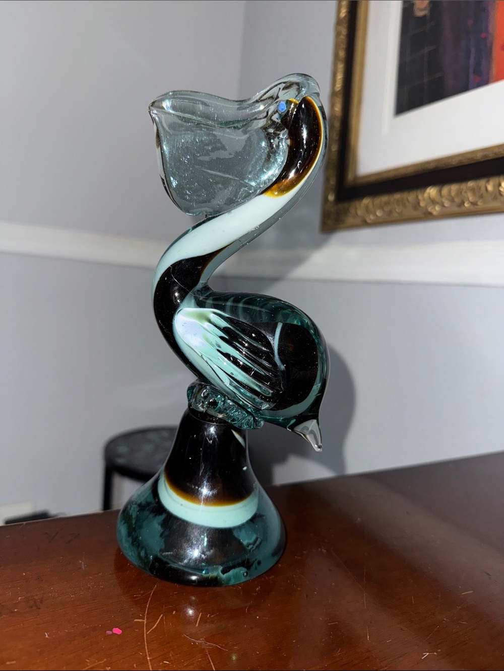 Handblown Glass pelican Sculpture in Teal and Black